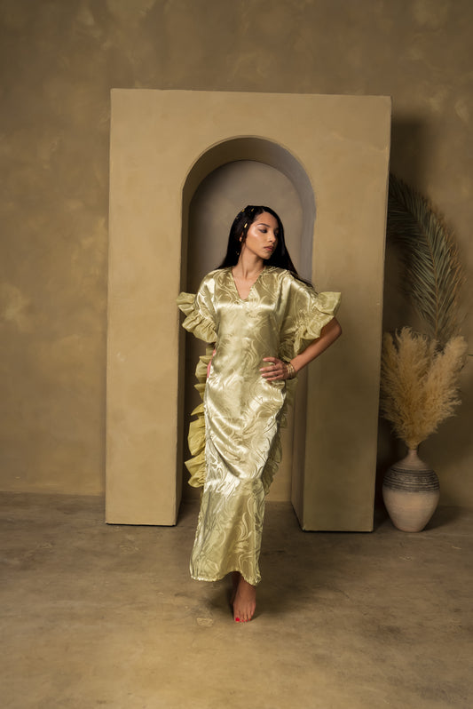 Green Satin Butterfly Kaftan Dress